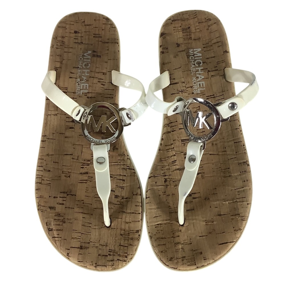 Michael Kors White Cork Thong Sandals Silver MK Logo Medallion Flat Slides